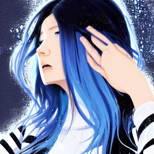 Image similar to side profile of rimuru tempest crying with sky blue hair, long hair, gold eyes, high collar, black jacket with white stripes | shiny, highly detailed, rain, professional digital painting, concept art, award - winning photography, cinematic, wlop | art by pixiv art, ilya kuvshinov yoshitaka amano