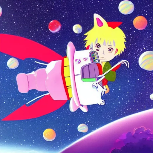 Prompt: Howl's Moving Candy Castle In Space With Flying Pigs, trending on pixiv