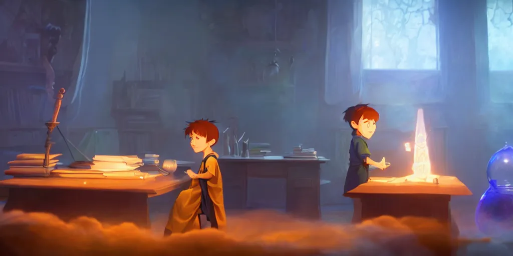 Prompt: a young boy mage with a cloak is standing at his desk working on a experiment, bubbling potions, colorful, light rays, medium shot, waist up, pixar and disney animation, sharp, rendered in unreal engine 5, by greg rutkowski and makoto shinkai, bloom, dramatic lighting, cinematic