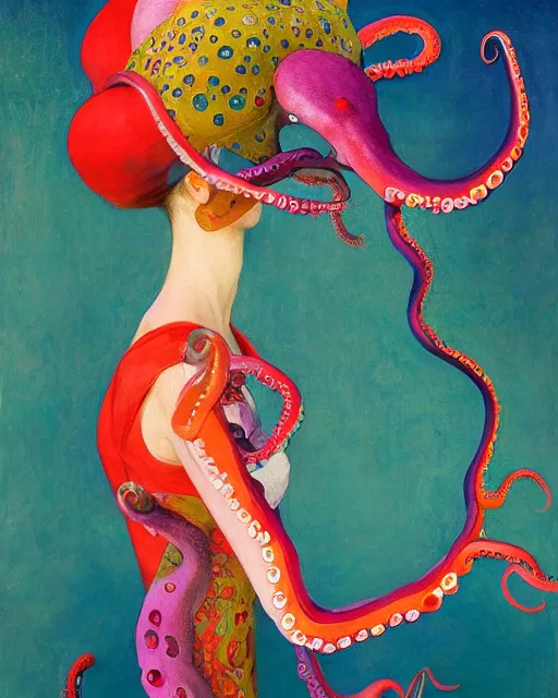 Image similar to a beautiful girl wearing a colourful octopus as a dress, painted by edgar maxence, edward hopper, wayne barlowe and james gilleard, airbrush, art by jamesjean