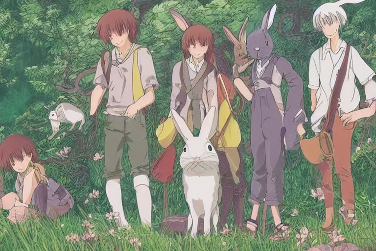 Image similar to beautiful art illustration of a group of rabbits by studio ghibli, anime, highly detailed