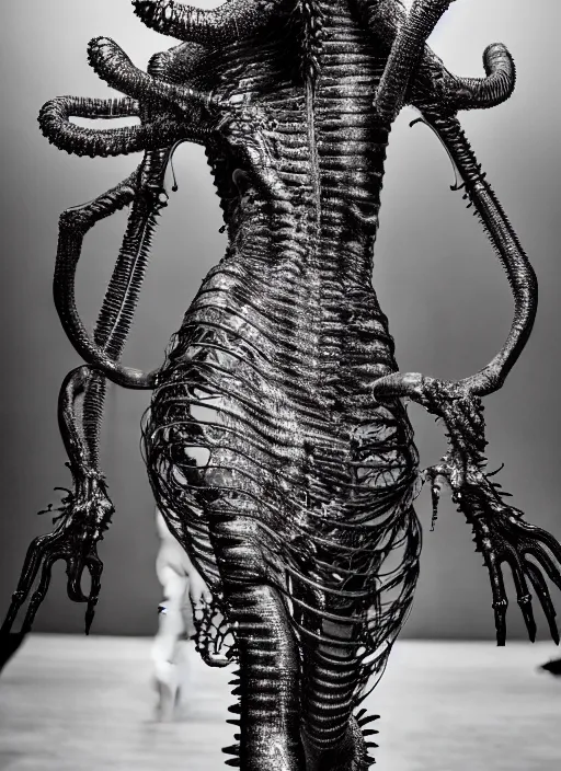 Image similar to walking down the catwalk, steven klein, show, stage, vogue photo, podium, fashion show photo, historical baroque dress, iris van herpen, beautiful woman, full body shot, masterpiece, alien, plant predator, guyver, jellyfish, white biomechanical details, highly detailed