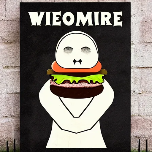 Image similar to old poster of a vampire holding a big meaty burger