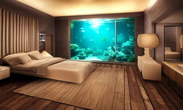 Image similar to a bedroom deep under the sea, photorealistic magazine picture, studio lighting, cozy, extremely detailed and realistic