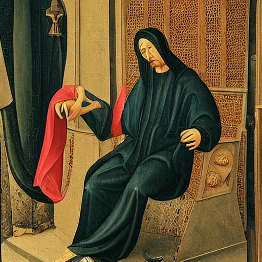 Image similar to Young middle-eastern Almighty God, wearing tracksuit sitting in armchair in poor european apartment. Perfect composition. Very very beautiful painting in style of Hieronymus Bosch, intricate stunning texture and details, fine detailed face. Dramatic lighting