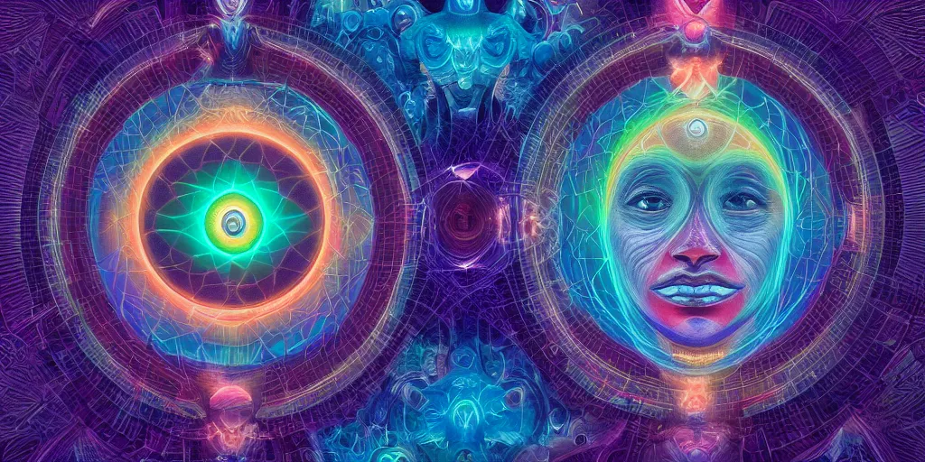 Image similar to trasnformation into transcendence into collaborative intelligence, endless collaboration with ai, connectedness, body, by alex grey, album cover, award winning, beautiful, colorful, volumetric lighting, trending on artstation, cinematic