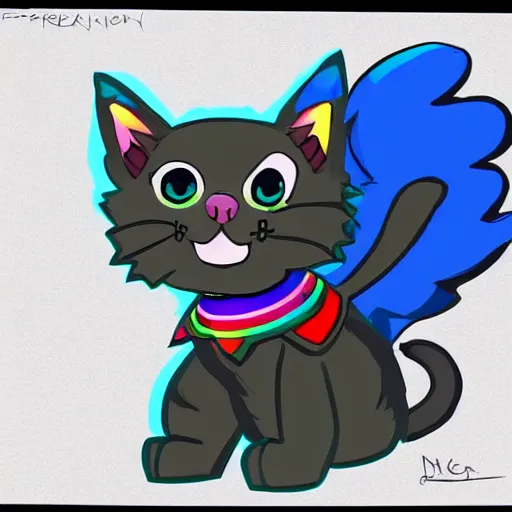 Image similar to wide angle full body, of a fluffy cute rainbow kitten wearing a black motorcycle jacket, concept art