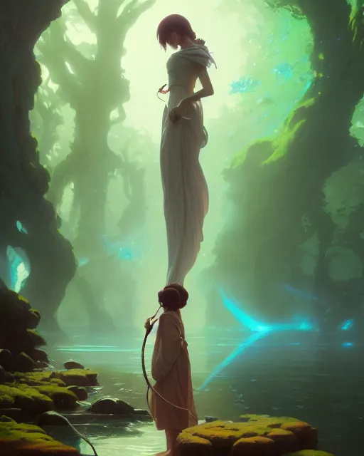 Image similar to highly detailed vfx portrait a mage casting a water spell, stephen bliss, unreal engine, greg rutkowski, loish, rhads, beeple, makoto shinkai and lois van baarle, ilya kuvshinov, rossdraws, tom bagshaw, alphonse mucha, global illumination, detailed and intricate environment