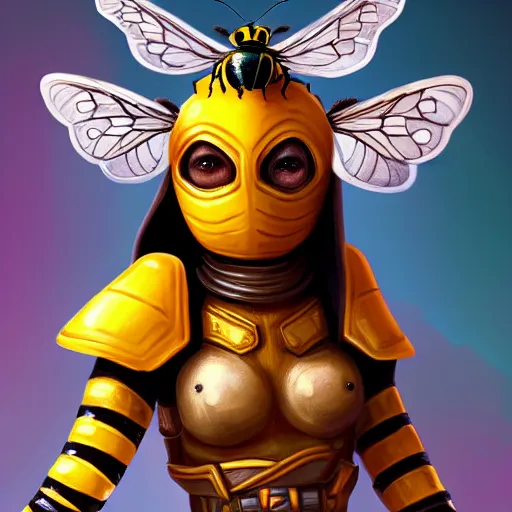 Image similar to closeup painting of cute bee warrior with themed magic armor, portrait, hyperdetailed, artstation, cgsociety, 8 k, by tangerine dream