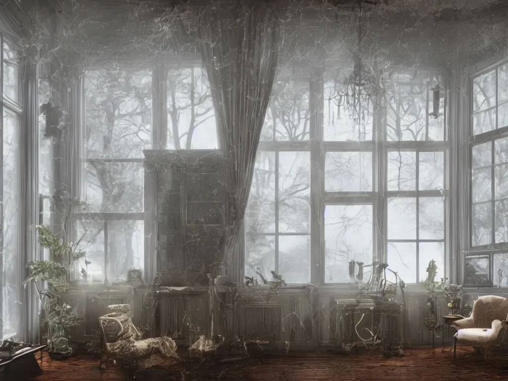 Image similar to richly decorated Victorian house with a moog modular synthesizer, modern, beautiful, detailed wood, photorealistic, photorealism, lightning, clouds, the winter light comes in through a window, volumetric fog