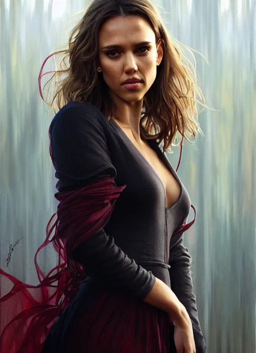 Image similar to half Jessica Alba half Nathalie Portman half scarlett johansonna pure seductive angel, full body portrait, slight smile, diffuse natural sun lights, autumn lights, highly detailed, digital painting, artstation, concept art, sharp focus, illustration, art by wlop and greg rutkowski and alphonse mucha and artgerm