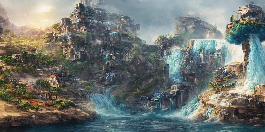 Prompt: A beautiful painting of a metropolis built on a island floating above the sea, waterfalls fall from the island into the sea, video game concept art, scifi, rural dystopian, high detailed, photography, UE5