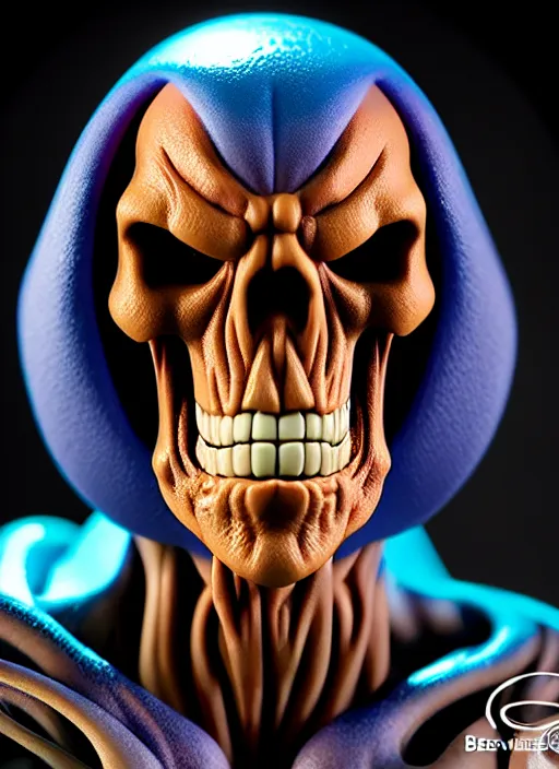 Image similar to hyperrealistic rendering, skeletor face by bernie wrightson and killian eng and joe fenton, product photography, action figure, sofubi, studio lighting, colored gels