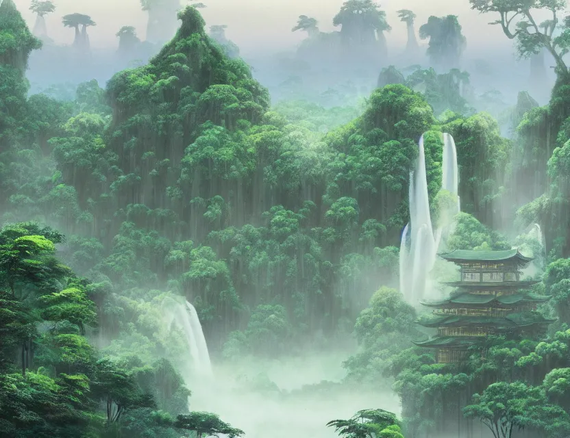 Prompt: a cinematic widescreen photo of ancient japanese temples in a misty bamboo cloud forest with colossal waterfalls at dawn by studio ghibli by roger dean