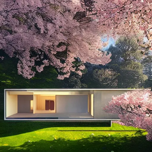 Image similar to futuristic rectangular beige house with courtyard, on a hill surrounded by big sakura trees, dramatic lighting, artstation, matte painting, raphael lacoste, simon stalenhag, frank lloyd wright, zaha hadid, drone view