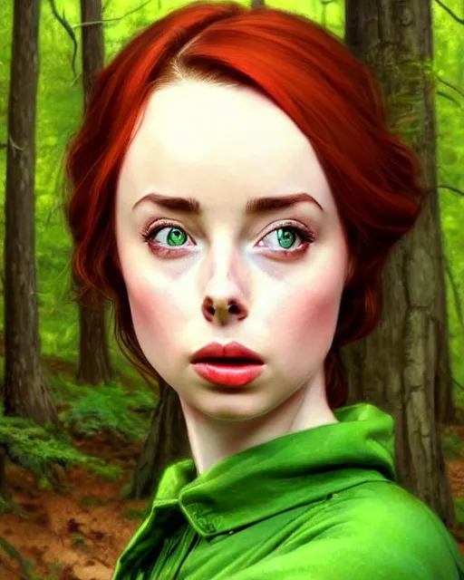 Image similar to gorgeous Kacey Rohl, realistic character concept, red hair, symmetrical face, symmetrical eyes, green dress, forest, trees, shorter neck, cinematic lighting, artgerm, Norman Rockwell, Adreas Rocha, beautiful