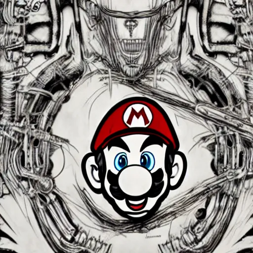 Image similar to mario in the style of hr giger