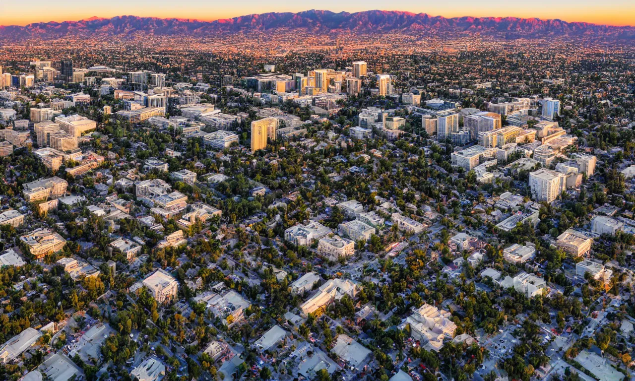 Prompt: view from a drone, Pasadena California, LA summer sunset, Rose Bowl, California Palm Tree's lining the streets, Downtown US Bank Tower Centered, trending on artstation, 30mm, by Noah Bradley