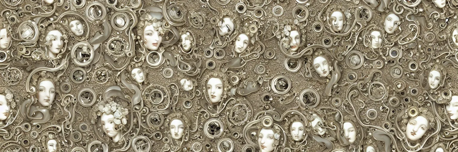 Image similar to seamless pattern of beautiful cybernetic baroque robots, beautiful baroque porcelain faces + body is clear plastic, inside organic robotic tubes and parts, front facing, wearing translucent baroque rain jackets, rococo frame + symmetrical composition + intricate details, hyperrealism, wet, reflections + by alfonse mucha, no blur