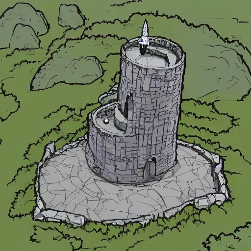 Image similar to Aerial view of a wizard tower next to a few mines and a few caves, lineart, colored