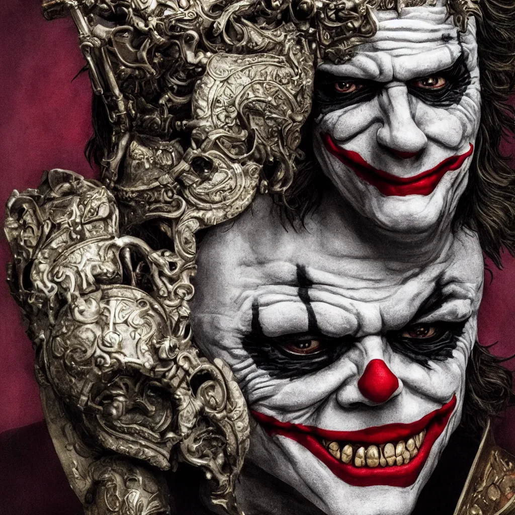 Prompt: professional portrait of the 2 0 1 9 joker wearing a imperial roman helmet, 8 k, very detailed, very intricate