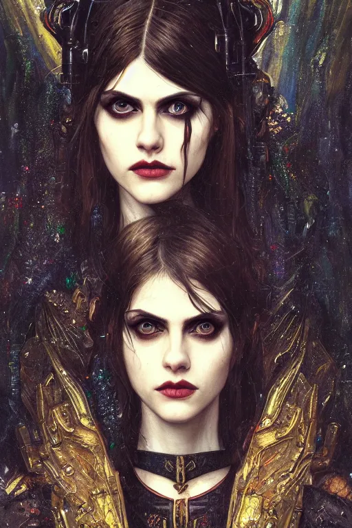 Image similar to portrait of beautiful gothic Alexandra Daddario, cyberpunk, Warhammer, highly detailed, artstation, illustration, art by Gustav Klimt