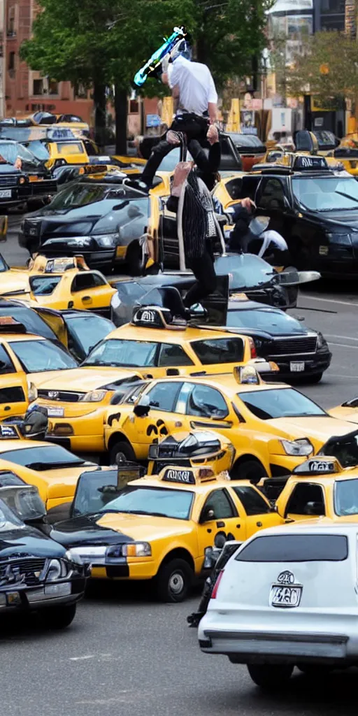 Prompt: of a punk Rock trumpet player really getting into a solo onto of a pile of taxi cars