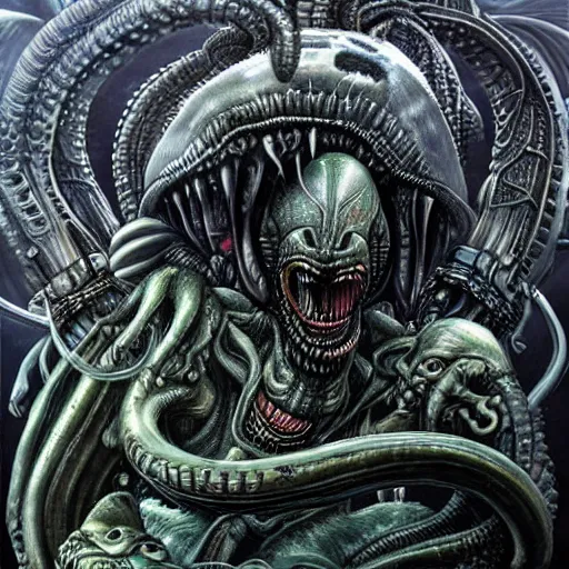 Prompt: xenomorph vs Cthulhu, avp, intricate detail, exquisite skill, hr giger, airbrush painting,