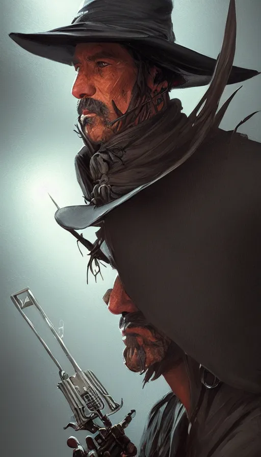 Prompt: misterious gaucho bandido commander, shady look, a raggy long poncho, magic the gathering, ready to shoot, intricate, highly detailed, digital painting, artstation, concept art, sharp focus, illustration, geometric dripped ink background, art by Artgerm, Grafit Studio, and Greg Rutkowski and Craig Mullins - W 700