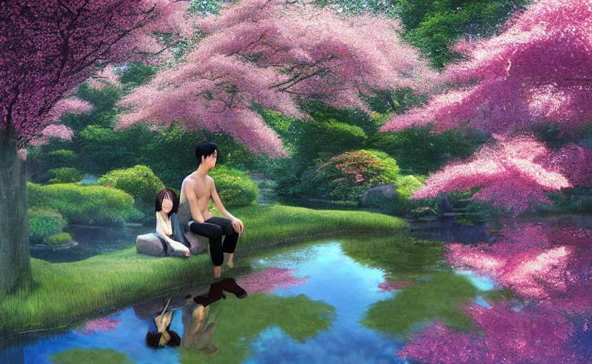 Image similar to harmony of pink haired young asian man backlit staring at black haired young asian man from across a pond, love at first sight, by alan lee, muted colors, springtime, colorful flowers & foliage in full bloom, sunlight filtering through trees & skin, digital art, art station cfg _ scale 9