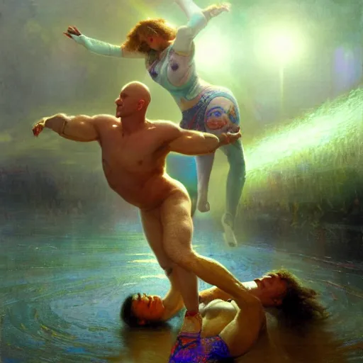 Image similar to bald wrestler breaking blonde wrestler's back, radiant light, caustics, heroic, bright iridescent light, by gaston bussiere, bayard wu, greg rutkowski, maxim verehin, epic wrestling combat, legendary