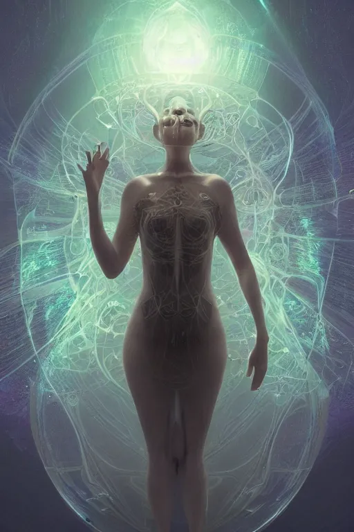 Image similar to a render of an ancient futuristic ethereal pixie with digital modifications surrounded by a underwater ink pour and flowing liquid gallium and complex sacred geometry, powerful, cinematic, beautifully lit, perfect face, by beeple, by artgerm, by karol bak, by brian froud, 3 d, trending on cgsociety, octane render, 8 k