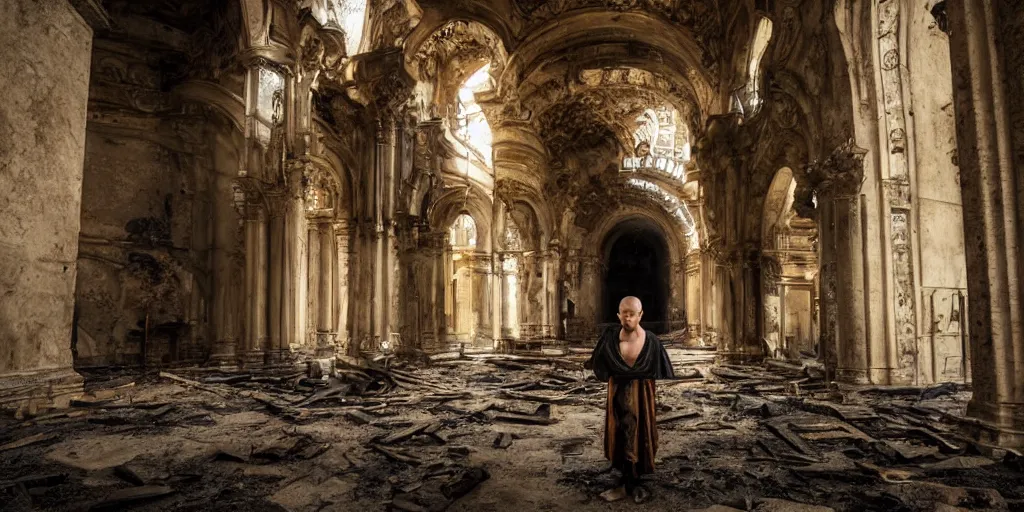 Prompt: gloomy photo of biopunk monk standing inside ruined catholic cathedral interiors with walls painted in khokhloma style, gold and black, wide angle, 24mm, 8k resolution, detailed, very beautiful, award winning, matte painting