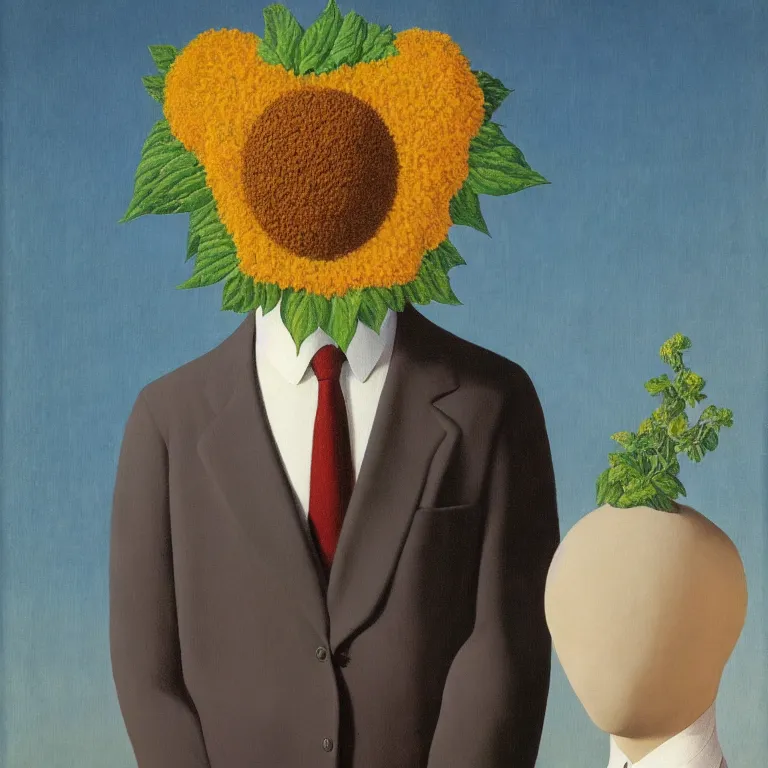 Prompt: portrait of a faceless flower - head man by rene magritte, detailed painting, distance, centered, hd, hq, high resolution, high detail, 4 k, 8 k