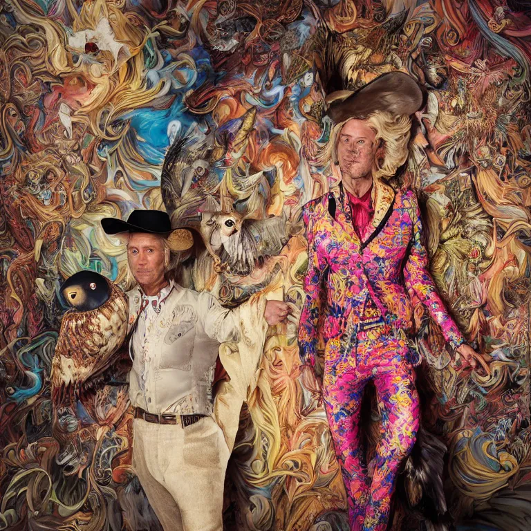 Image similar to high fashion photoshoot octane render portrait by wayne barlow and carlo crivelli and glenn fabry, a distinguished psychedelic cowboy wearing a colorful wes anderson designed cowboy costume and holding a barn owl inside a high - end exotic colorful pastel vintage boutique hotel lounge, very short depth of field, bokeh