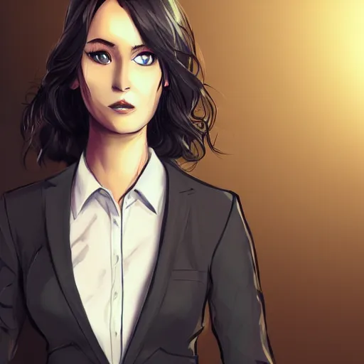 Image similar to woman in black business suit, chill, light brown neat hair, pixiv, fanbox, trending on artstation, portrait, digital art, modern, sleek, highly detailed, formal, serious, determined, blue tie, competent, colorized, smooth, charming, pretty, safe for work