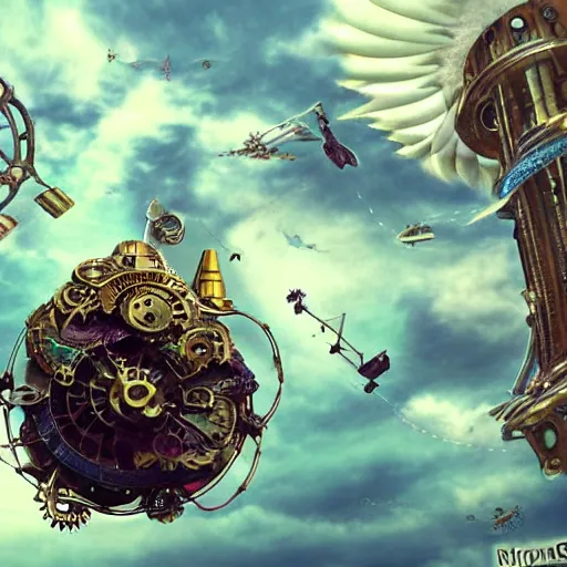 Image similar to flying city in a mechanical flower, sky, fantasy art, steampunk, masterpiece, octane