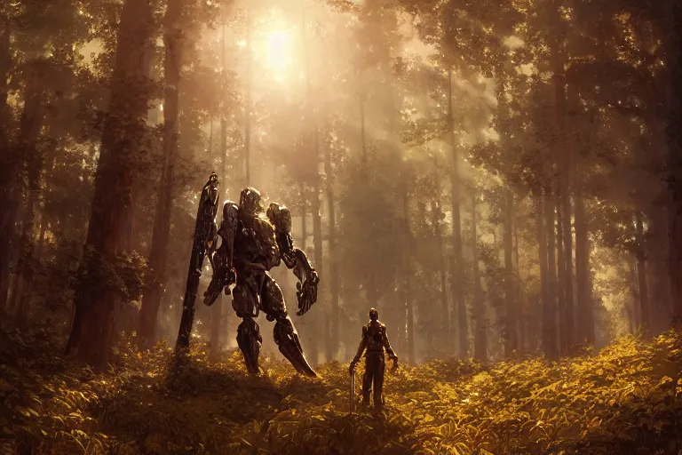 Image similar to detailed intricate digital illustration by greg rutkowski and artgerm and wlop and sanford robinson gifford ; bearded man standing next to his mech suit, standing in yggdrasil forest thick trees ; 1 3 mm film, arri alfa anamorphic lens ; sharp focus, golden hour lighting, gleaming sunlight rays ; trending on artstation 4 k ; close view