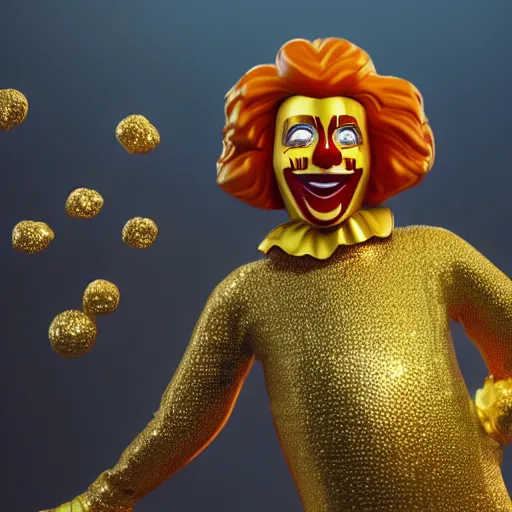 Image similar to A still of Ronald McDonald surrounded by gold and diamonds, Award-winning, photograph, 3d render, unreal engine, 4k detailed