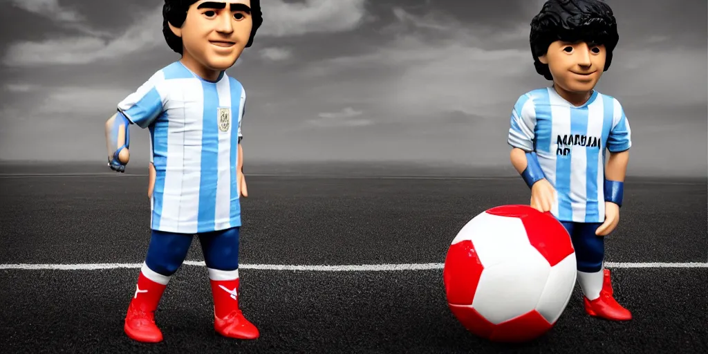 Image similar to funko of young thing maradona with big head, argentina t - shirt, smile, no beard, stand with a ball under his left foot, max resolution, high contrast, cinematic, light cinematic, volumetric, realistic, cinematic lighting, octane render, hyper realistic