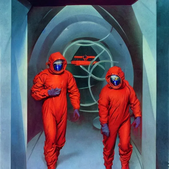 Prompt: two scientists wearing red hazmat suits, entering the geometric neon crystal dimensional gateway by frank frazetta