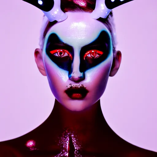 Image similar to high fashion photography of a model in neo futurism white sci - fi makup wearing antlers, transparent cloth, beautifully lit