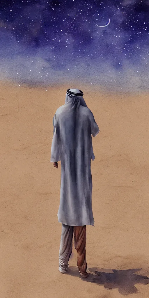 Prompt: an arab person with his back standing in the desert with sky with stars in watercolor, cinematic, highly detailed wide, atmospheric lighting, muted colors