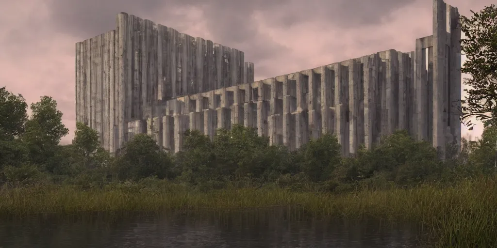 Image similar to an extremely detailed cathedral of brutalist architecture, surrounded by lush green forest, reflected in ponds of water, stunning volumetric lighting, sunset, rusted steel, smooth concrete, stunning skies, trending on Artstation, 8k, photorealistic, hyper detailed, unreal engine 5, IMAX quality, cinematic, epic lighting, in the style of Greg Rutkowski