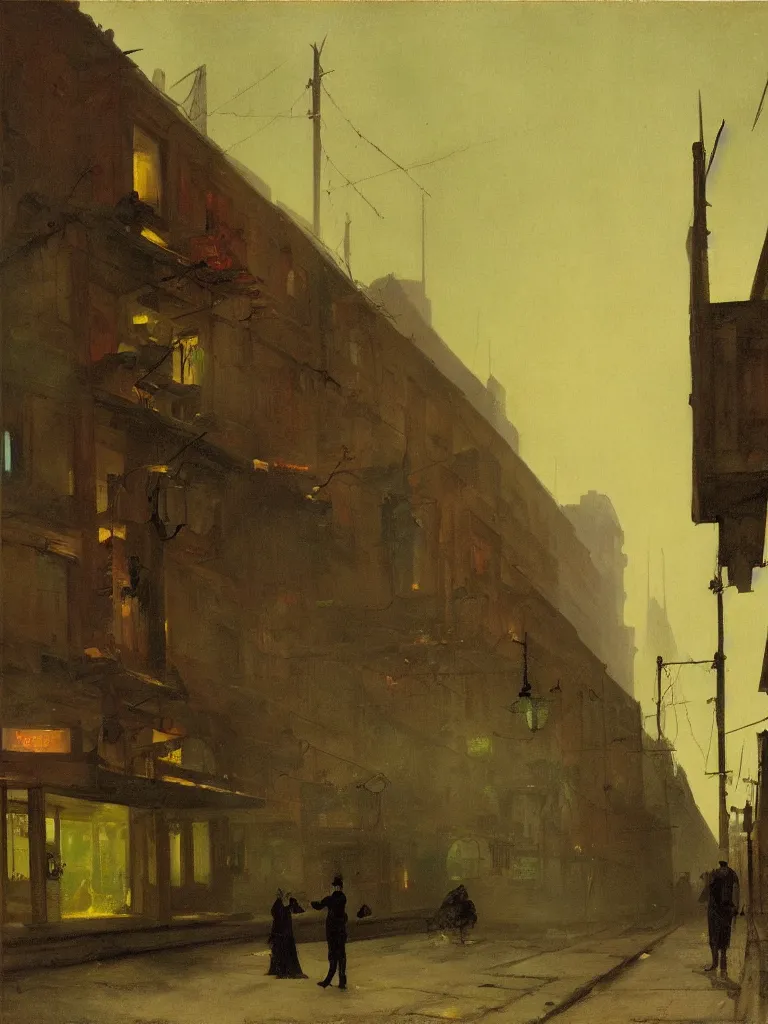 Image similar to a dark alley with abandoned buildings, a nightclub with neon signs, menacing skyline by carl spitzweg and edward hopper