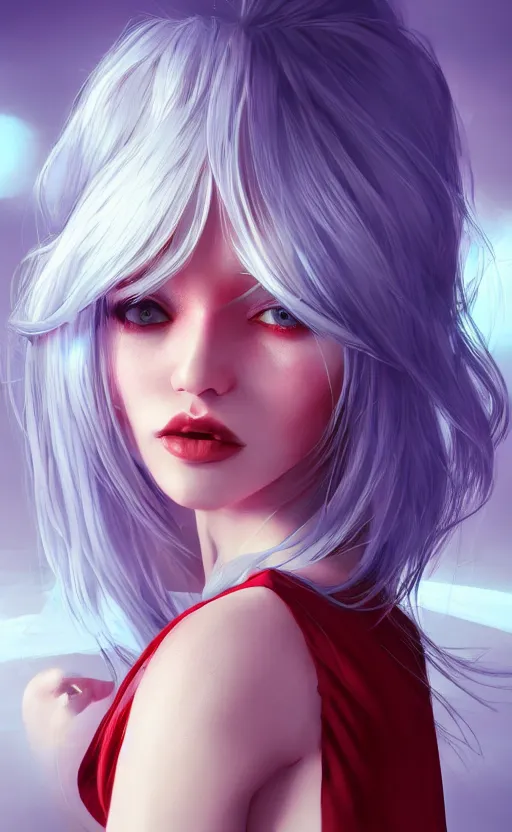 Image similar to the prettiest woman with silver blue hair, in a red and white dress portrait, dynamic lighting, fantasy concept art, trending on art station, stunning visuals, creative, cinematic, ultra detailed, ray tracing, sun rays, hyper realistic