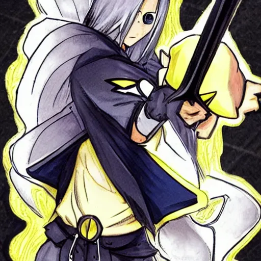 Image similar to Pikachu cosplaying Sephiroth with his long sword and a meaning face, coloured manga style