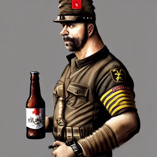 Image similar to a humanoid german shepherd beast - man in military style, holding a bottle of beer, artstation, concept art, smooth, sharp foccus ilustration, artstation