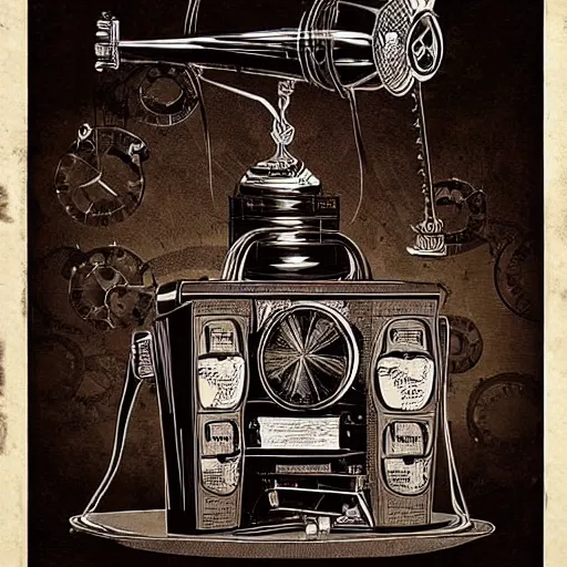 Image similar to “Old steampunk gramophone with antique loudspeakers and lots of wires. Dark, intricate, highly detailed, smooth, 19th century poster in style of Stanislav Vovchuk”