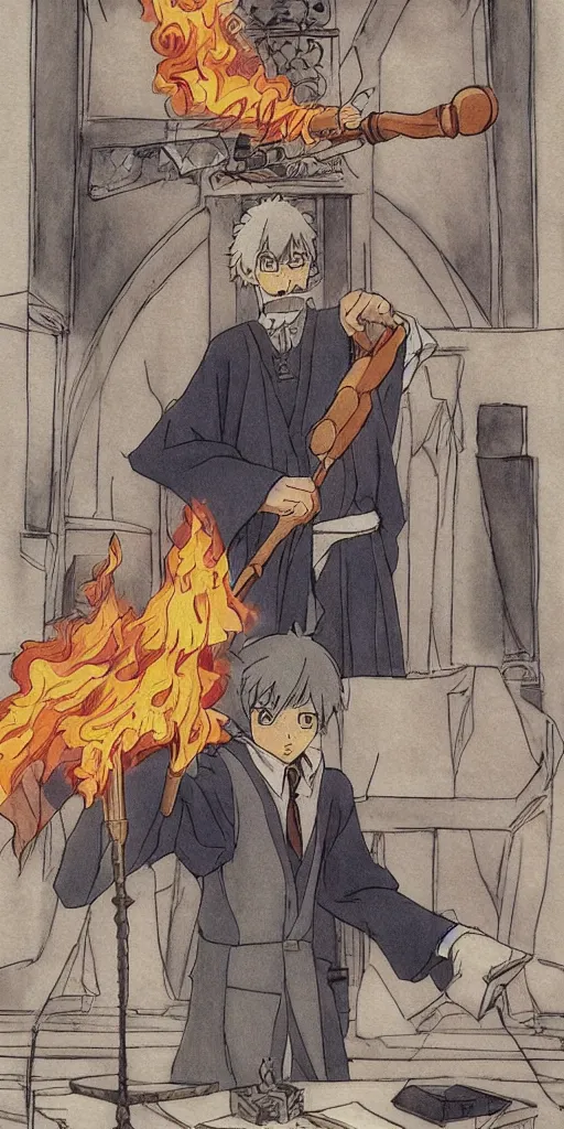 Prompt: powerful anime judge with a magic gavel on fire, in a court room with a justice scale on his desk, drawn by a famous anime artist Hayao Miyazaki, high quality, fine lines, amazing detail. colored, intricate ink painting, the justice tarot card , psychedelia,